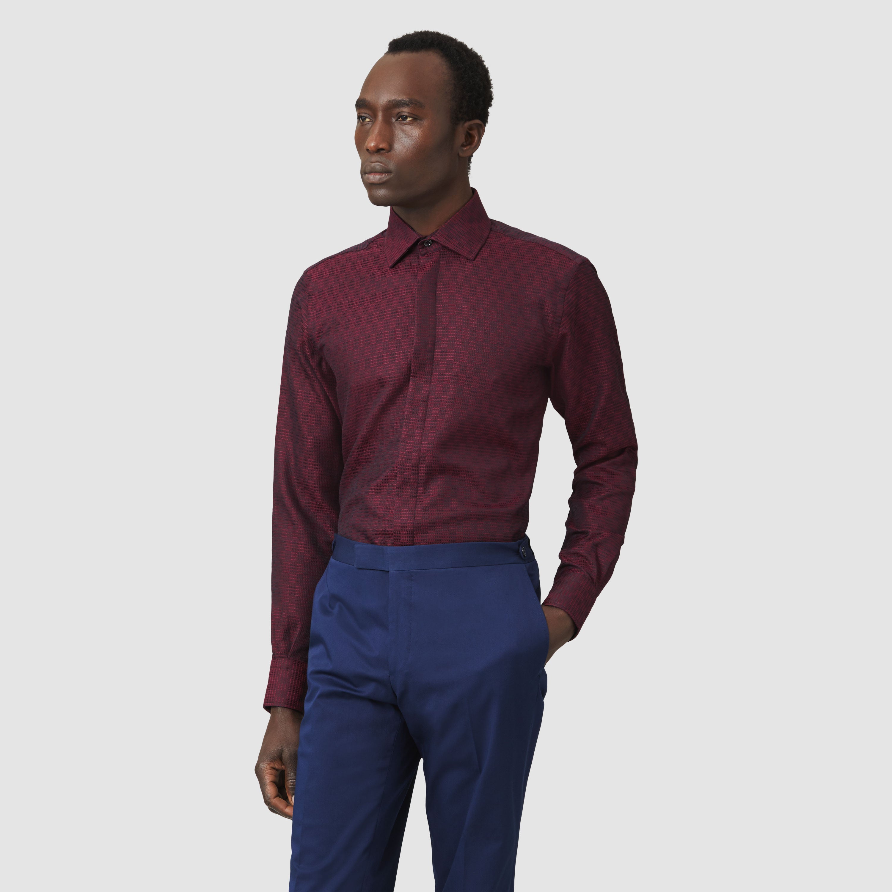 BURGUNDY KENTE WIDE CUT AWAY SHIRT