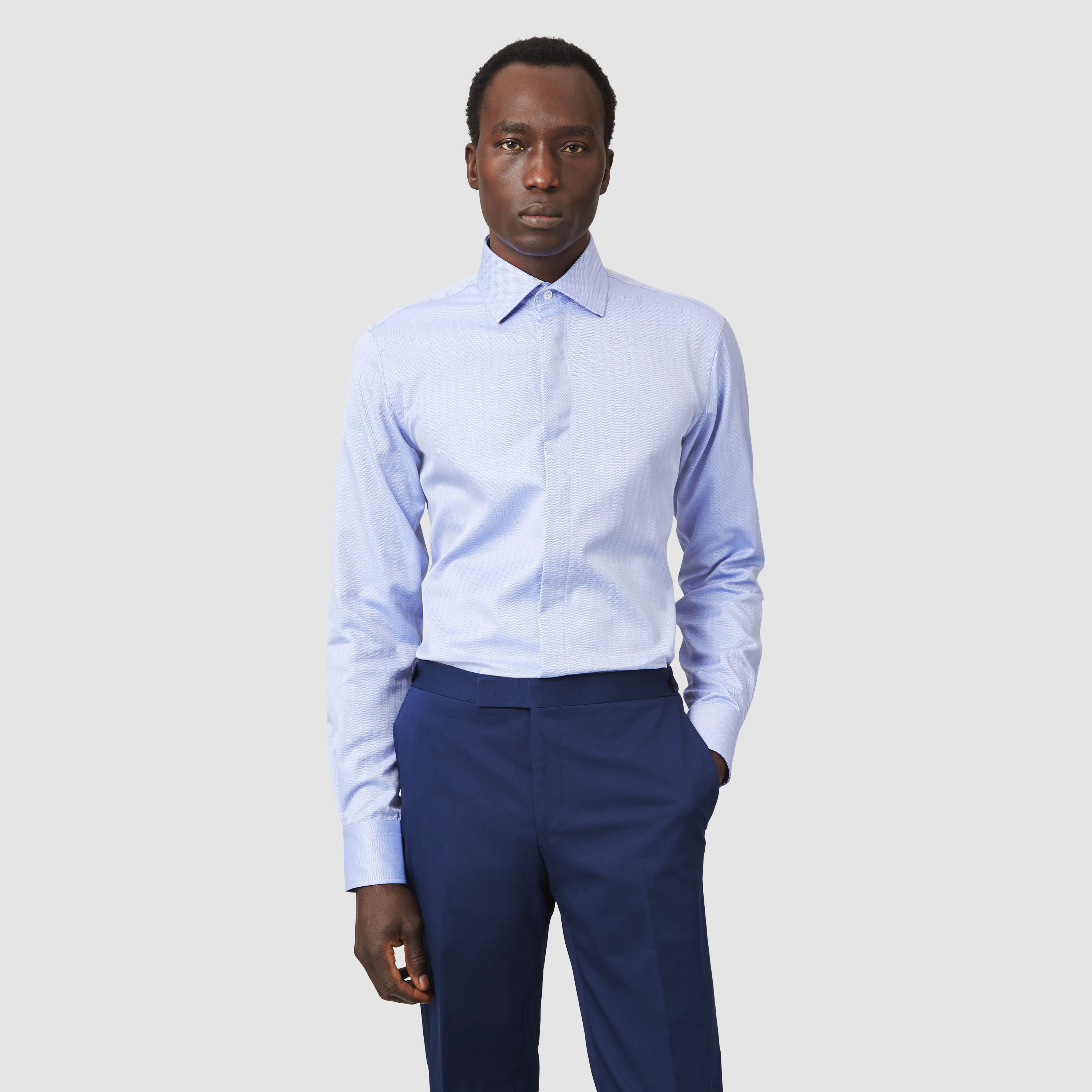 BLUE HERRINGBONE WIDE CUT AWAY COLLAR SHIRT